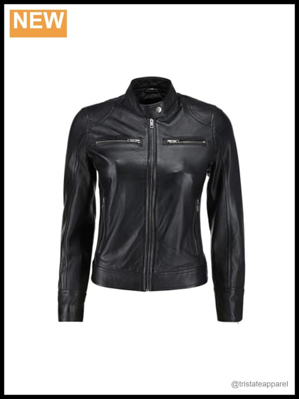 Women's Real Lambskin Leather Cafe Racer Jacket with Quilted Shoulders